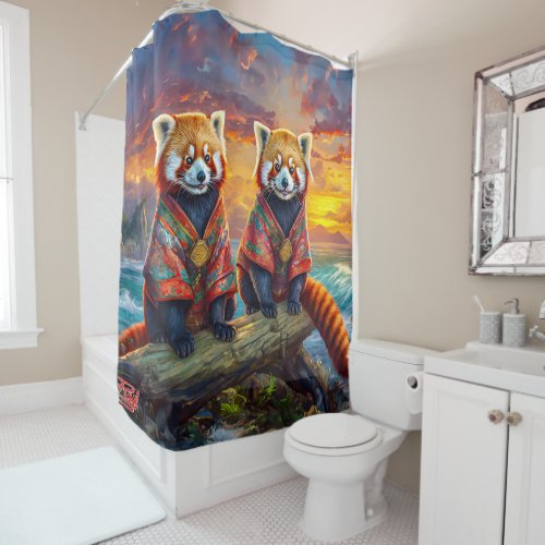 Red Pandas By The Shore Design by Rich AMeN Gill Shower Curtain
