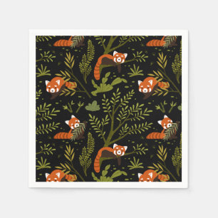 Red Pandas in the Forest Black Napkins