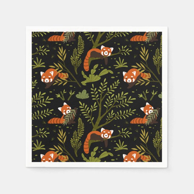 Red Pandas in the Forest Black Napkins (Front)