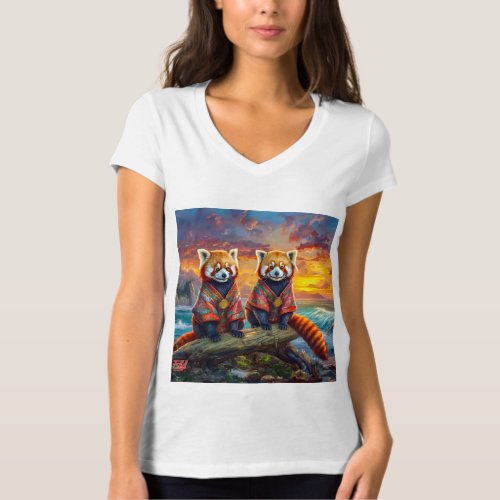 Red Pandas On Shoreline Design By Rich AMeN Gill T_Shirt