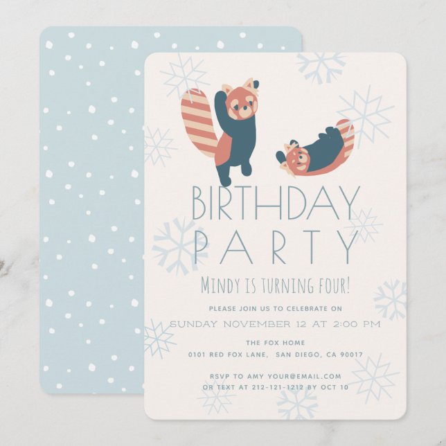 Red Pandas Snowflake Birthday Party Invitation (Front/Back)