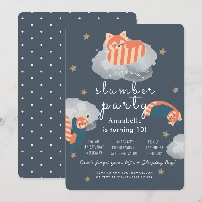 Red Pandas Stars & Clouds Slumber Party Birthday Invitation (Front/Back)