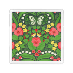 Red pansies, birds and butterflies acrylic tray