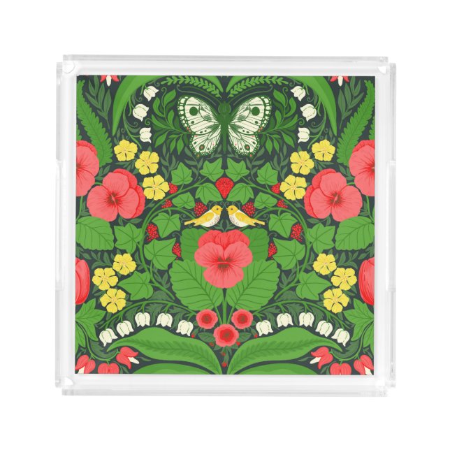 Red pansies, birds and butterflies acrylic tray (Front)