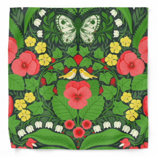 Red pansies, birds and butterflies bandana