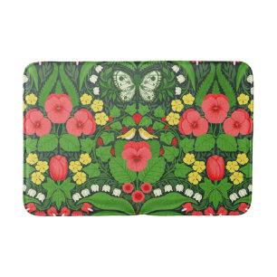 Red pansies, birds and butterflies bath mat