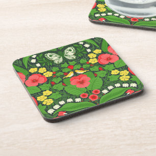 Red pansies, birds and butterflies beverage coaster