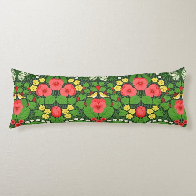 Red pansies, birds and butterflies body pillow (Front)
