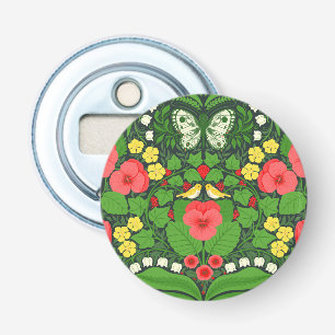 Red pansies, birds and butterflies bottle opener