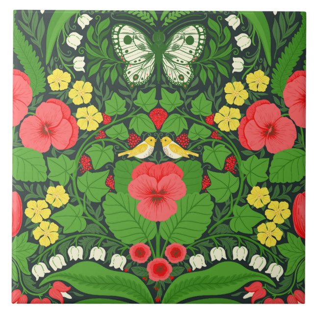 Red pansies, birds and butterflies ceramic tile (Front)