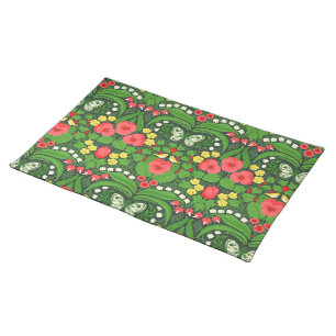 Red pansies, birds and butterflies cloth placemat