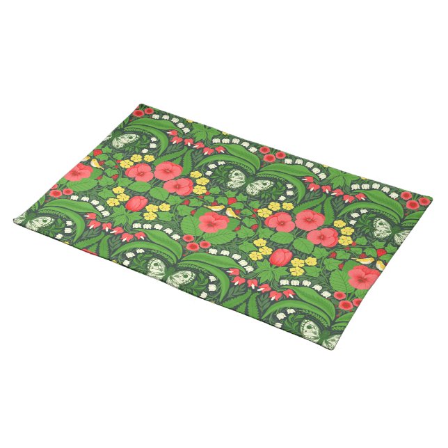Red pansies, birds and butterflies cloth placemat (On Table)