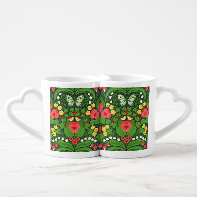 Red pansies, birds and butterflies coffee mug set (Front Nesting)