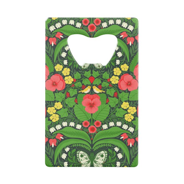 Red pansies, birds and butterflies credit card bottle opener (Front)