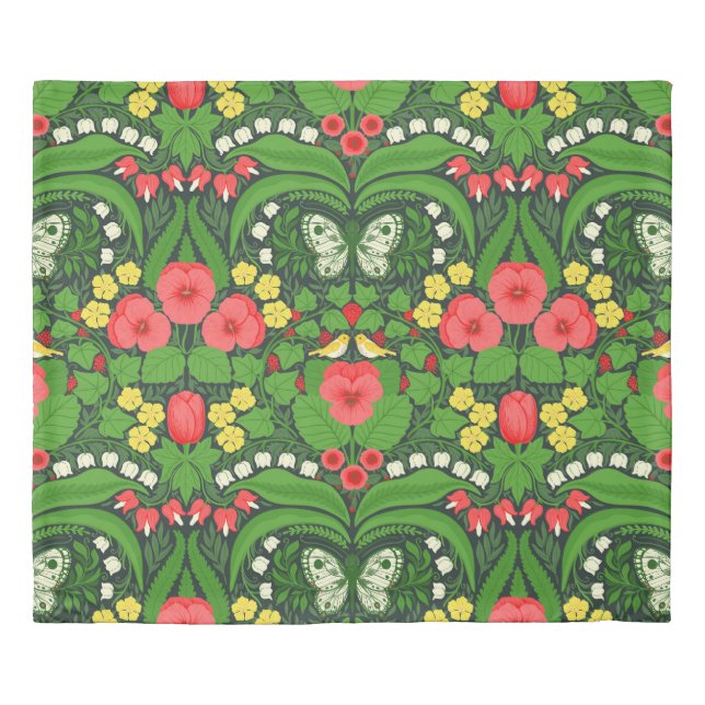 Red pansies, birds and butterflies duvet cover (Front)