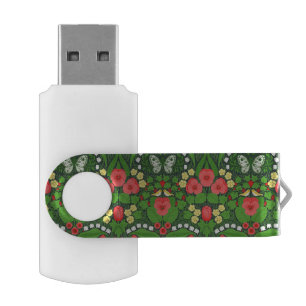 Red pansies, birds and butterflies flash drive