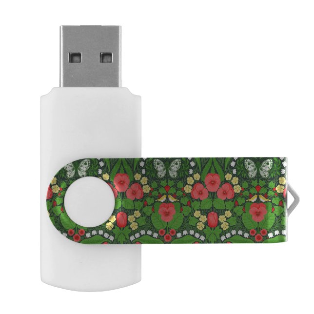 Red pansies, birds and butterflies flash drive (Opened)