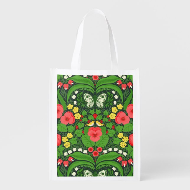 Red pansies, birds and butterflies grocery bag (Front)