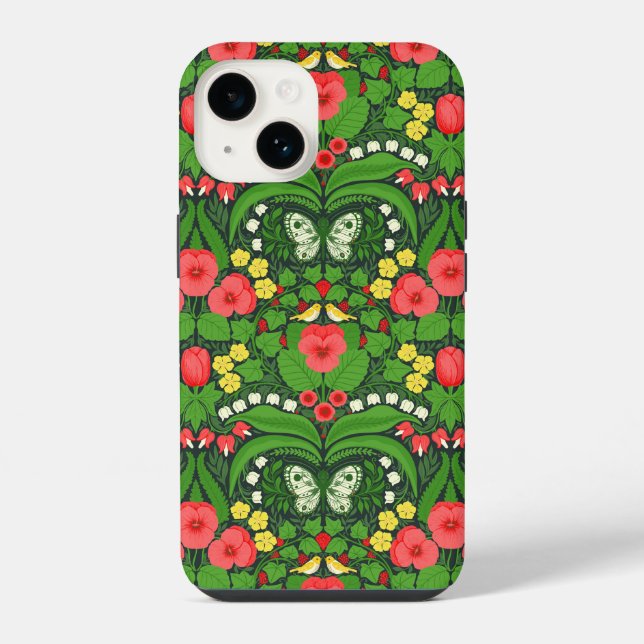 Red pansies, birds and butterflies iPhone case (Back)