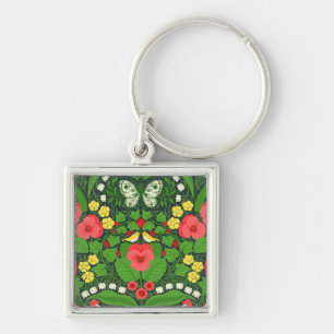 Red pansies, birds and butterflies keychain