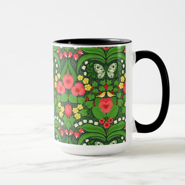 Red pansies, birds and butterflies mug (Right)