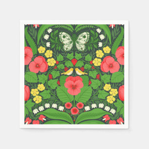 Red pansies, birds and butterflies napkins