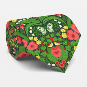 Red pansies, birds and butterflies neck tie