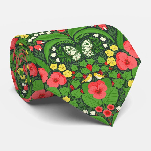 Red pansies, birds and butterflies neck tie (Rolled)