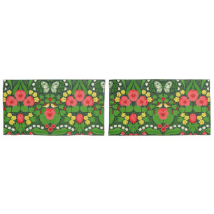 Red pansies, birds and butterflies pillow case