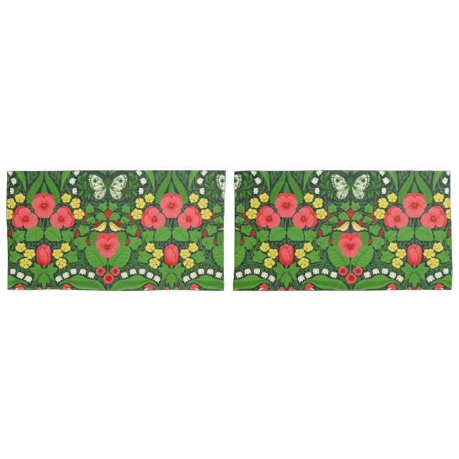 Red pansies, birds and butterflies pillow case (Front-Set)
