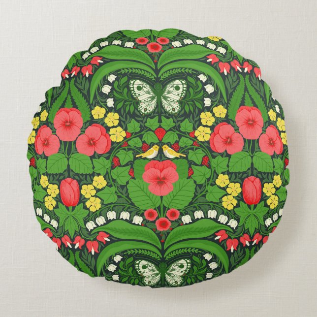 Red pansies, birds and butterflies round pillow (Front)