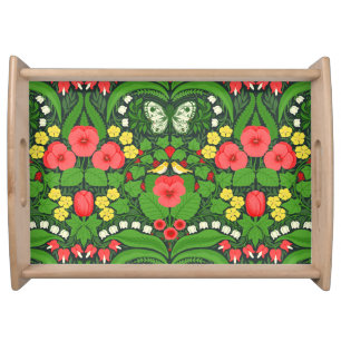 Red pansies, birds and butterflies serving tray