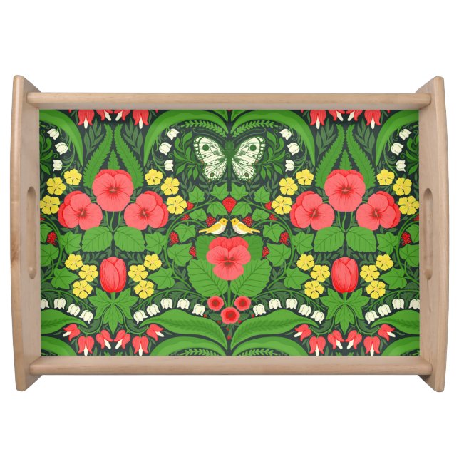 Red pansies, birds and butterflies serving tray (Front)