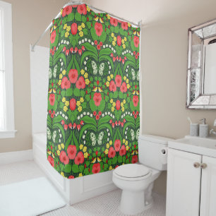 Red pansies, birds and butterflies shower curtain