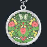Red pansies, birds and butterflies silver plated necklace<br><div class="desc">Hand-painted garden wallpaper with pansies,  lilies,  bleeding hearts flowers,  leaves,  birds and butterflies. seamless pattern</div>