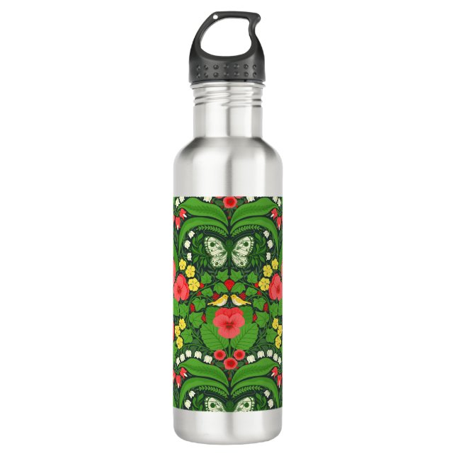 Red pansies, birds and butterflies stainless steel water bottle (Front)