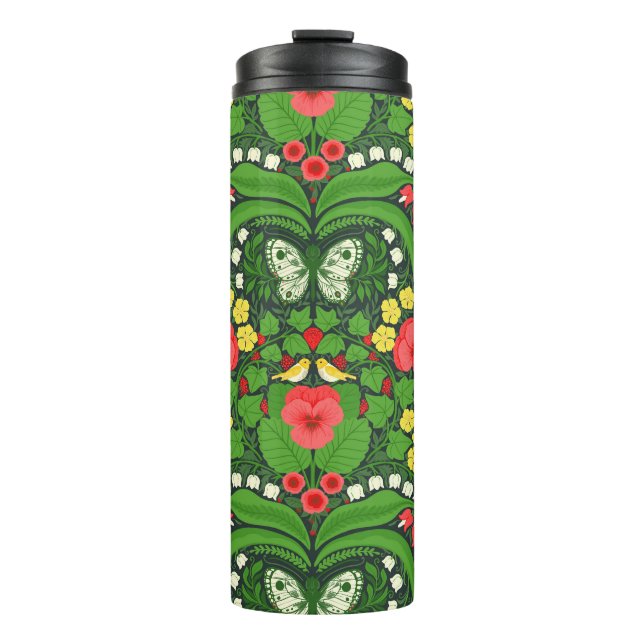 Red pansies, birds and butterflies thermal tumbler (Front)