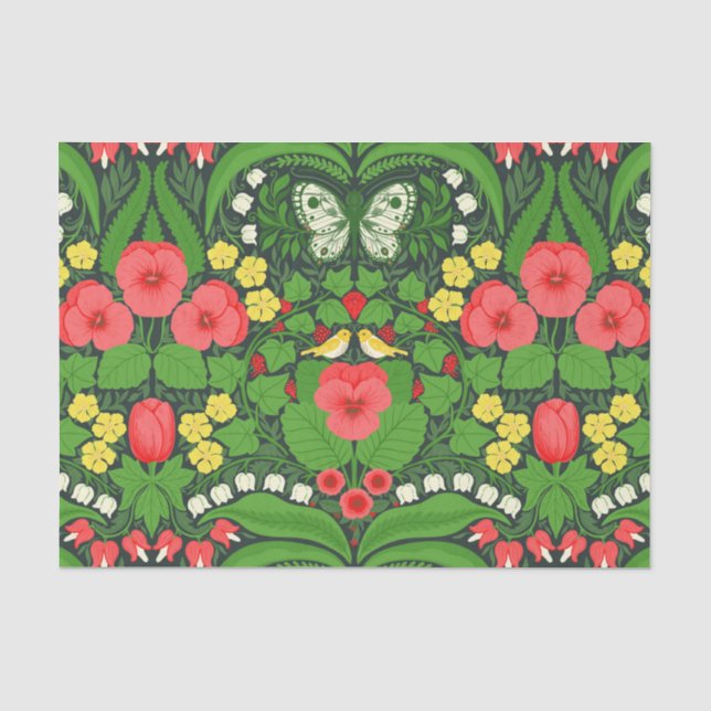 Red pansies, birds and butterflies tissue paper (Front)