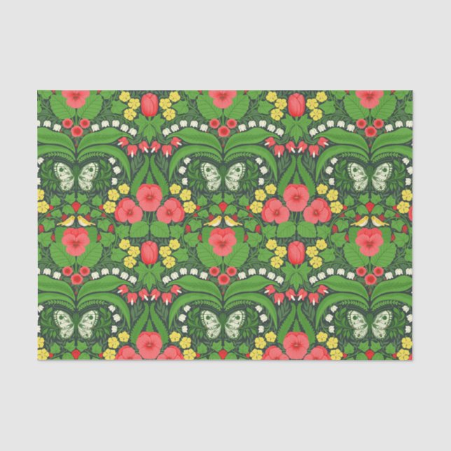 Red pansies, birds and butterflies tissue paper (Front)