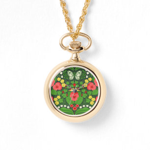 Red pansies, birds and butterflies watch
