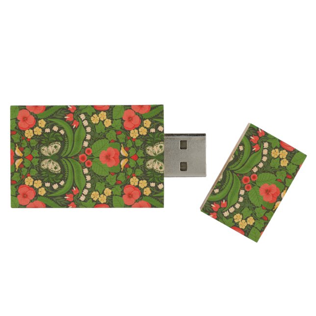 Red pansies, birds and butterflies wood flash drive (Opened)