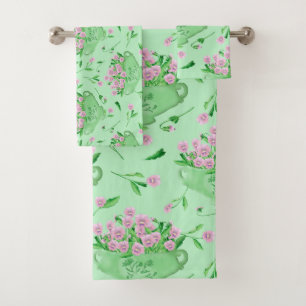 Red pansies green bowl and background bath towel set