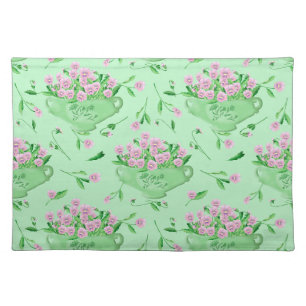 Red pansies green bowl and background cloth placemat