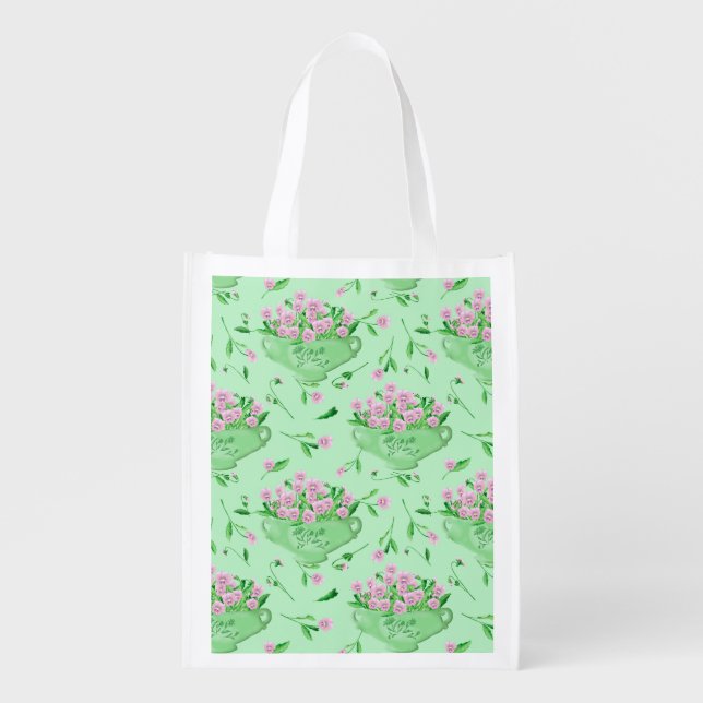 Red pansies green bowl and background grocery bag (Front)