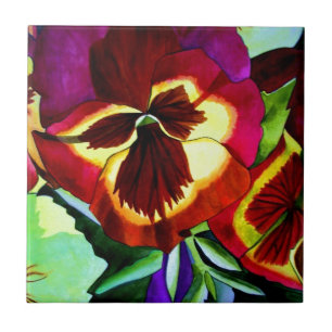 Red pansies watercolor flower original art ceramic tile