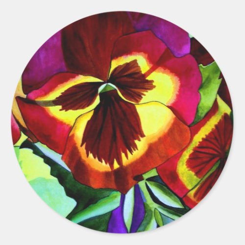 Red pansies watercolor flower original art classic round sticker
