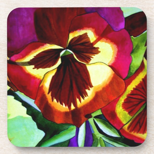 Red pansies watercolor flower original art drink coaster (Front)