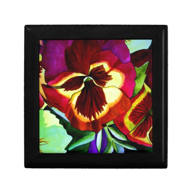 Red pansies watercolor flower original art gift box (Front)
