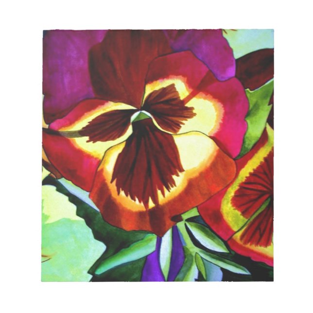Red pansies watercolor flower original art notepad (Front)