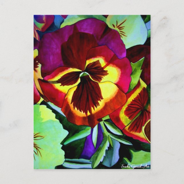 Red pansies watercolor flower original art postcard (Front)